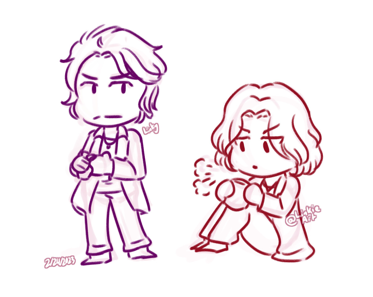Fanart of Kusaka and Takumi from Kamen Rider Faiz. They are drawn in chibi form. Takumi is sitting on the ground, blowing on a cup of tea with a focused expression. There are little puffs of air to help express him blowing on the tea. His lineart color is a dark red. Kusaka is standing next to him on the left, a stern expression as he wipes his hands with a cloth. His lineart color is a dark purple. They are both drawn over a white background.