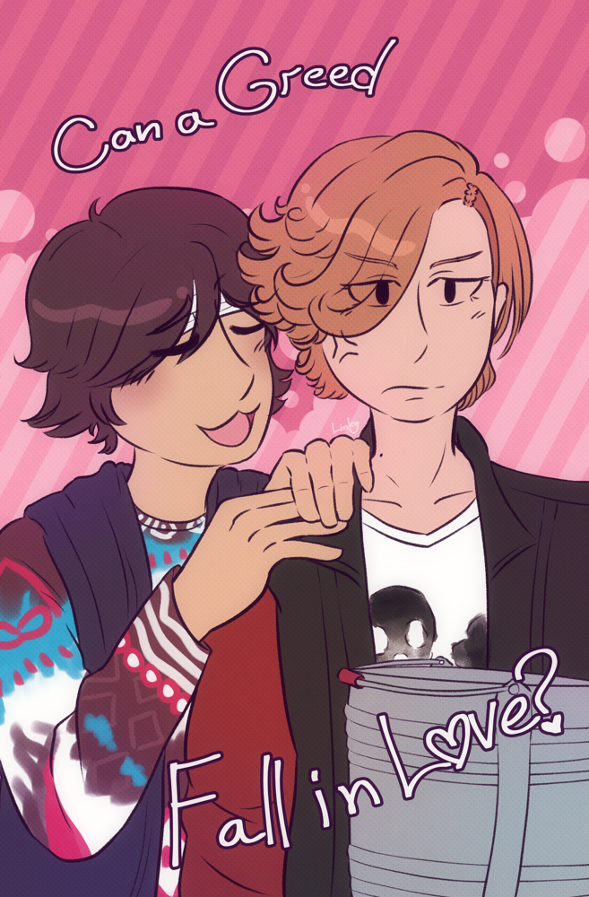 Fanart of Ankh and Eiji from Kamen Rider OOO. A recreation of the "Can a Greeed fall in love?" scene. Eiji is behind Ankh, hands on his shoulder. His eyes are closed, his cheeks are flushed, and he is smiling with a cat-like mouth all looking in Ankh's direction. Ankh is irritated, a vein popping up on the side of his face as he holds a bucket. The two are drawn atop on a bubbly background made with a darker and a lighter pink. There is a striped effect over the background, and the whole illustration has a halftone effect. Over the art the quote Can a Greeed fall in love?, is written in script, the words are in white with a dark red-purple border. There is a little heart as the dot for the question mark.