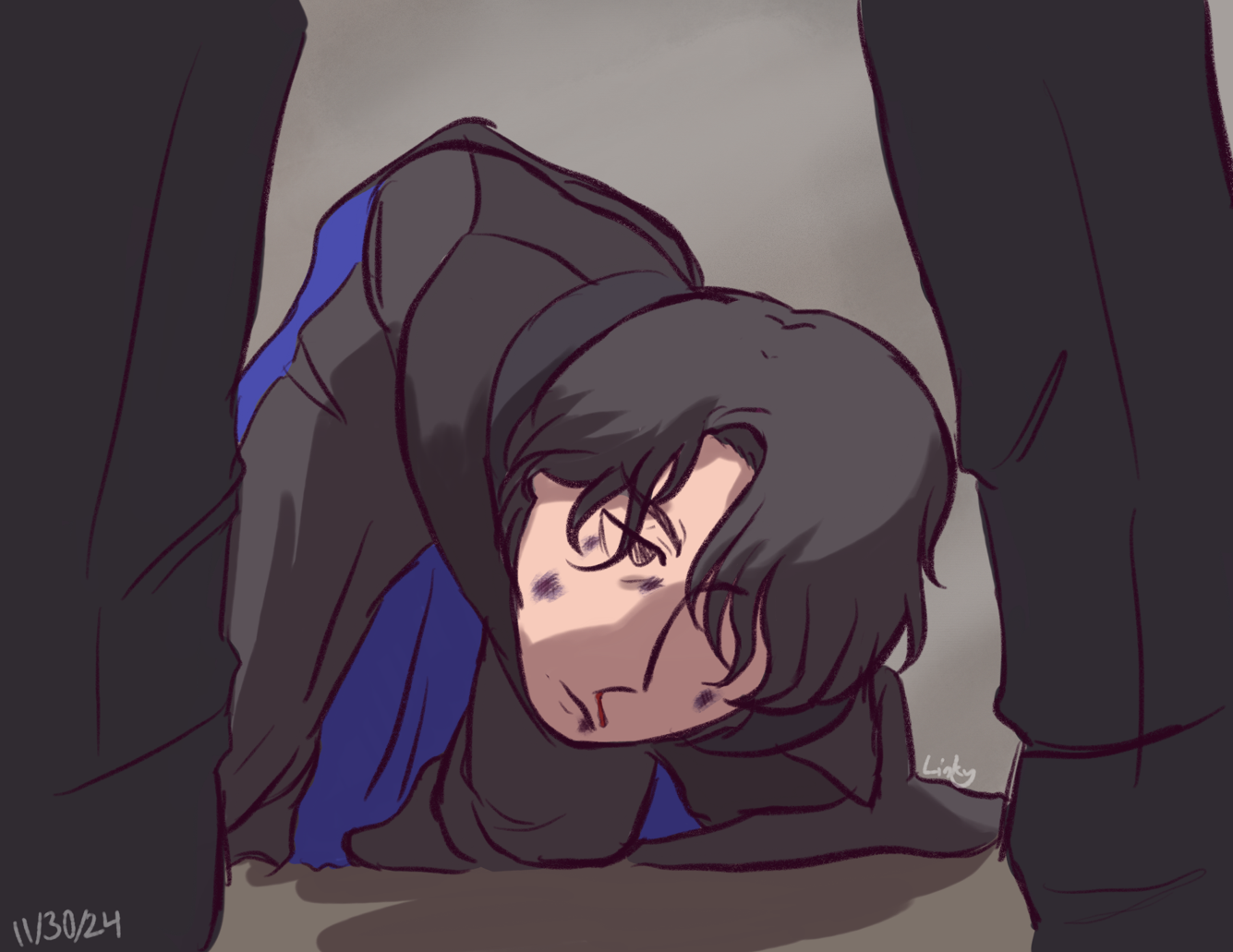 Minato on the floor, tied up and bruised as some blood drips down his face. He looks upwards, with a tired and displeased expression as he is framed between two legs, presumably Geryon.