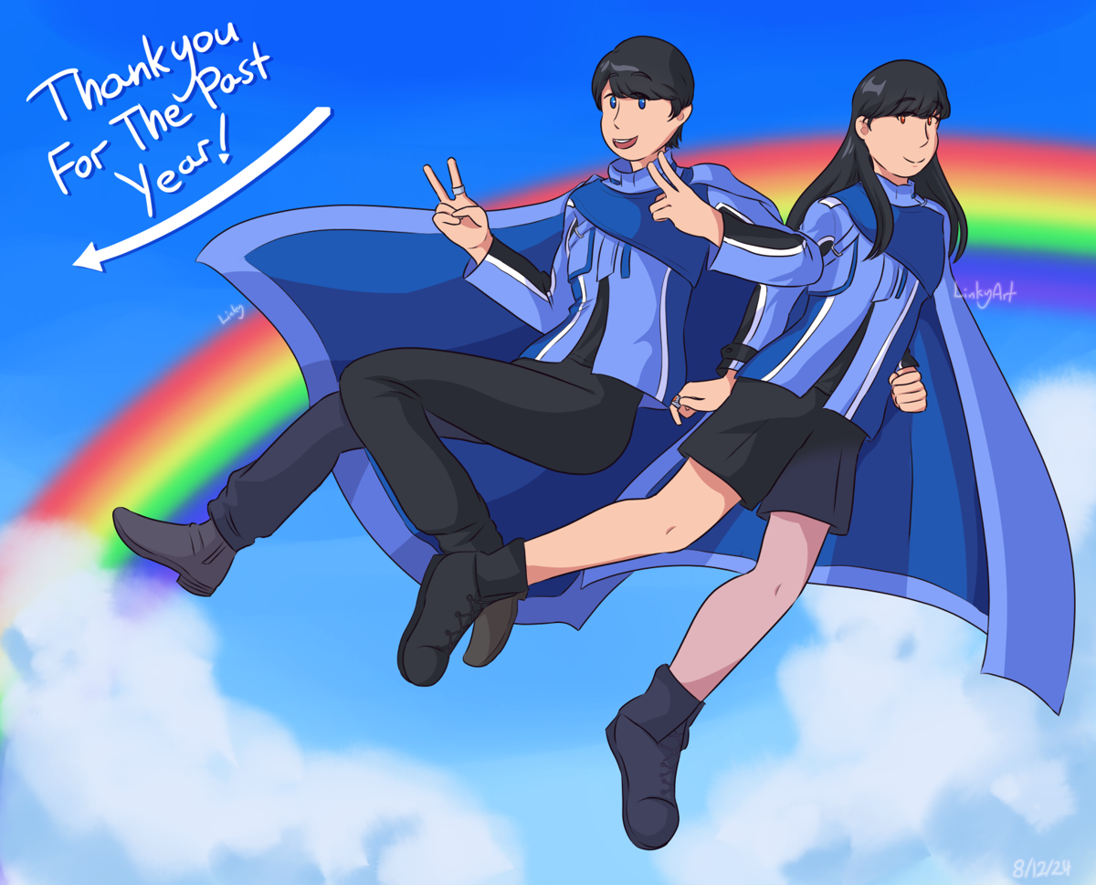 Hotaro and Rinne from Gotchard floating in the sky and smiling. Clouds and a rainbow are behind them, and in the upper left corner is the handwriting Thank you for the past year!, with an arrow underneath.