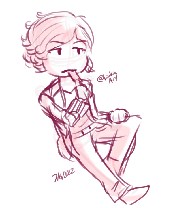 A sketch of Ankh from Kamen Rider OOO. He is drawn as a Chibi, and has an slightly amused expression as he eats a popsicle while sitting in a relaxed position over a white background. The sketch has shading in a monotone coloring style. The color used is a light pink.