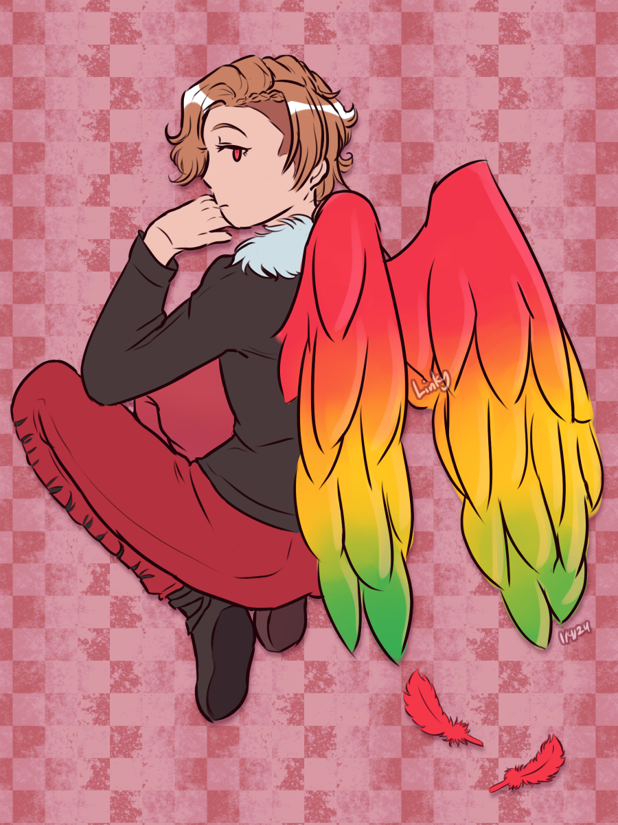 Fanart of Ankh from Kamen Rider OOO. Viewing him from behind, he is in a kneeling-like position. His hand resting on his chin as his head is turned towards the viewer and you can see his eye and a profile view of his face. His wings are also in view, folded and resting. Colored with a gradient blend of red yellow and green. He is drawn over a neutral red grunge checkerboard background with a blurred crimson drop shadow.