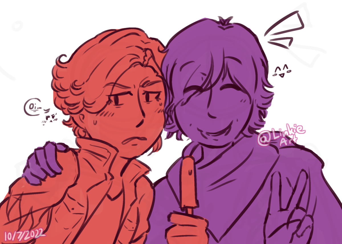 Ankh holding a popsicle with a annoyed look, Eiji has a smile.
