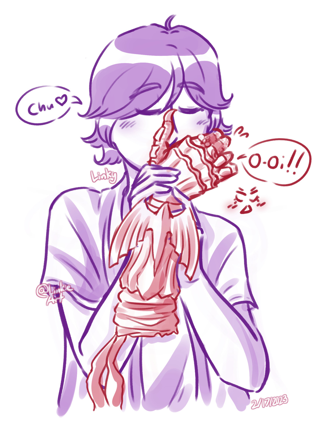Fanart of Ankh and Eiji from Kamen Rider OOO. Ankh is in his Greeed arm form. Eiji is tenderly holding Ankh, while kissing his palm. His expression is gentle, his eyes are closed and he is slightly blushing. He is wearing a flowy top with loose sleeves going down to upper half of his arm. There is a shirt underneath. Ankh is shown with sweat drops, and a little angry and surprised expression that is blushing to express his embarrassment from suddenly being kissed. Eiji is saying Chu, the Japanese word for Kiss, while Ankh is screaming O-Oi!! Ankh has red lineart with lightred/pinkish shading, while Eiji has purple lineart with light purple shading. Both are drawn over a white background.