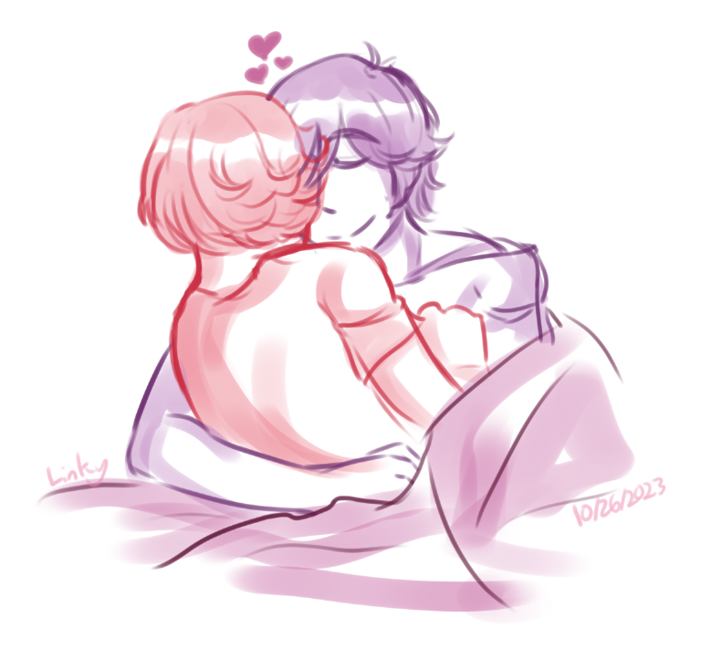 Eiji cuddling Ankh in bed.