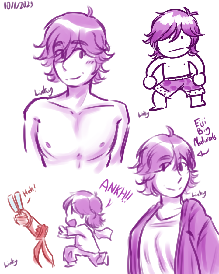 Digital Sketchbook page featuring various sketches of Eiji from Kamen Rider OOO. From right to left: In the top right Eiji is drawn in a very simplistic style, standing with his arms out to his sides and with his legs in a semi-squat. He has a blank expression on his face, and he is in his underwear. In the top left is shirtless. Drawn from the torso-up, his arms are to his sides and pressing against his chest slightly as he has a somewhat playful smile on his face and is blushing a little. In the bottom right: Eiji is drawn with breasts, also drawn from the torso up, partially turned to the side. He is smiling. There is writing drawn next to him with an arrow pointing at his head and saying Eiji Big Naturals. This drawing is a overall reference to the Gandalf Big Naturals meme. In the bottom left: Ankh and Eiji are drawn in a chibi style, Eiji chasing after Ankh with a frustrated expression and his arms stretched outwards as he dashes after Ankh. Ankh is drawn as just the arm and is flying away with two blue ice pops in his hand. Ankh is going: Heh!, while Eiji yells out: ANKH!!
