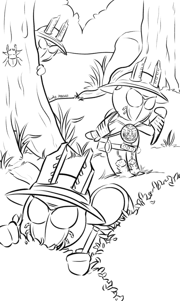 Lineart fanart of three Gatakiribas from Kamen Rider OOO. They are drawn in a forest, which has bushes in the foreground, and multiple trees and a rock in the background. One Gatakirba is peeking out from behind a tree, on the tree there is a stag beetle the one isn't seeing. The second one is leaning forward with a hand to their face to help look for bugs. The third and final one is peeking over the bushes in the foreground, a bug net in hand. Each of the three of them are wearing sun hats.
