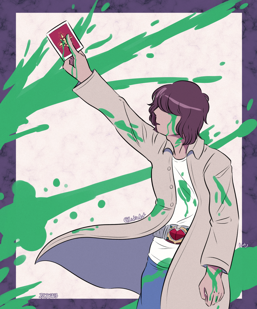 Fanart of Hajime from Kamen Rider Blade. He is holding one of the rouse cards in his hand towards the sky, his coat blowing in the wind. There is green blood splattered all across the background, his skin, face, and clothing. Green blood drips off both his hands, and is dripping down his face in a way that mimics tears. The background is a off-white square over dark purple, and there is a marble texture overlaid on top of the background as well.
