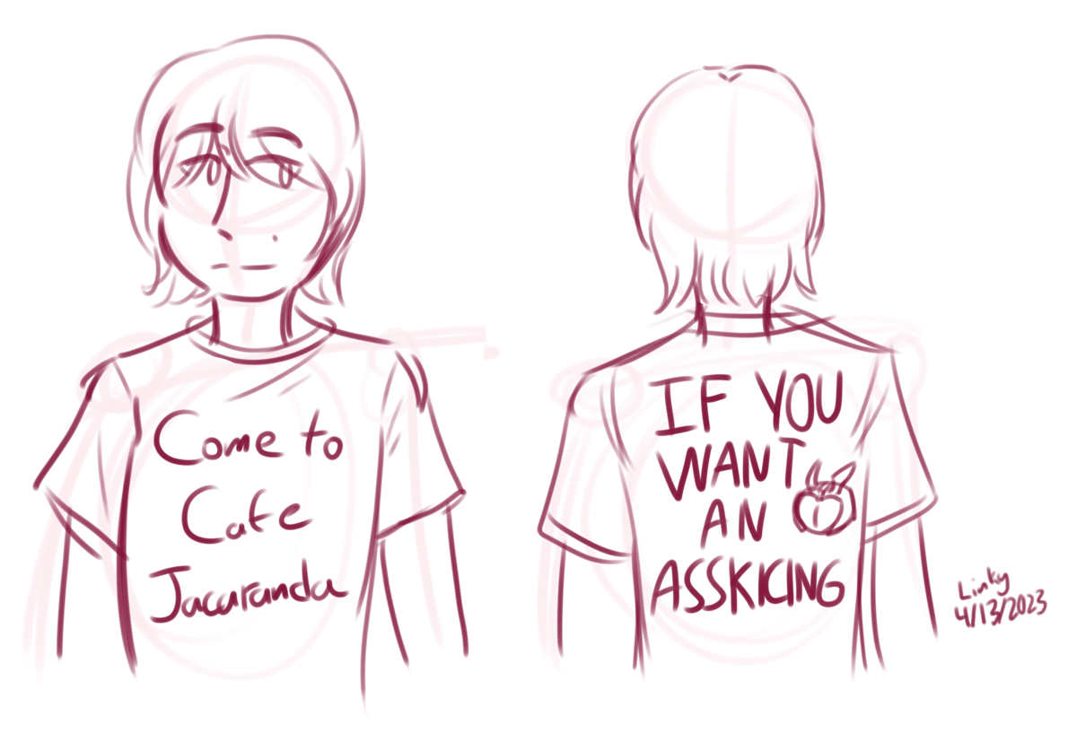 Fanart of Hajime from Kamen Rider Blade. He's standing with a half smile, while wearing a shirt saying Come to Cafe Jacaranda on the front of the shirt. There is a second drawing on the left showing the back of the shirt which says: IF YOU WANT AN ASS KICKING next to the text there is a chibi helmet of Kamen Rider Chalice.