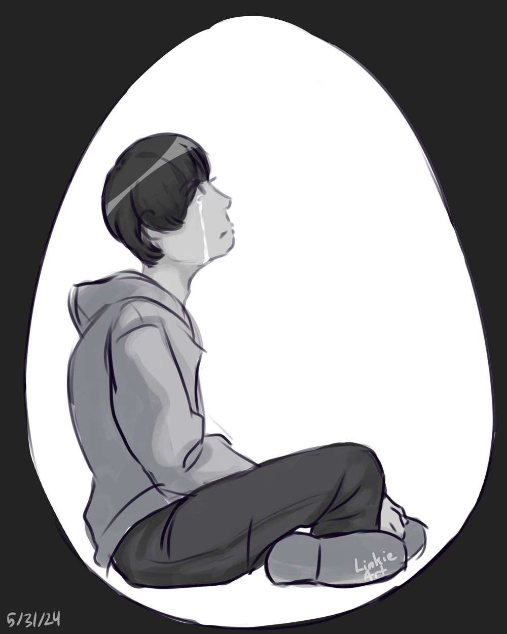 Fanart of Hotaro from Kamen Rider Gotchard. He is sitting down inside an egg and is seen in a profile view. He is looking up and crying.