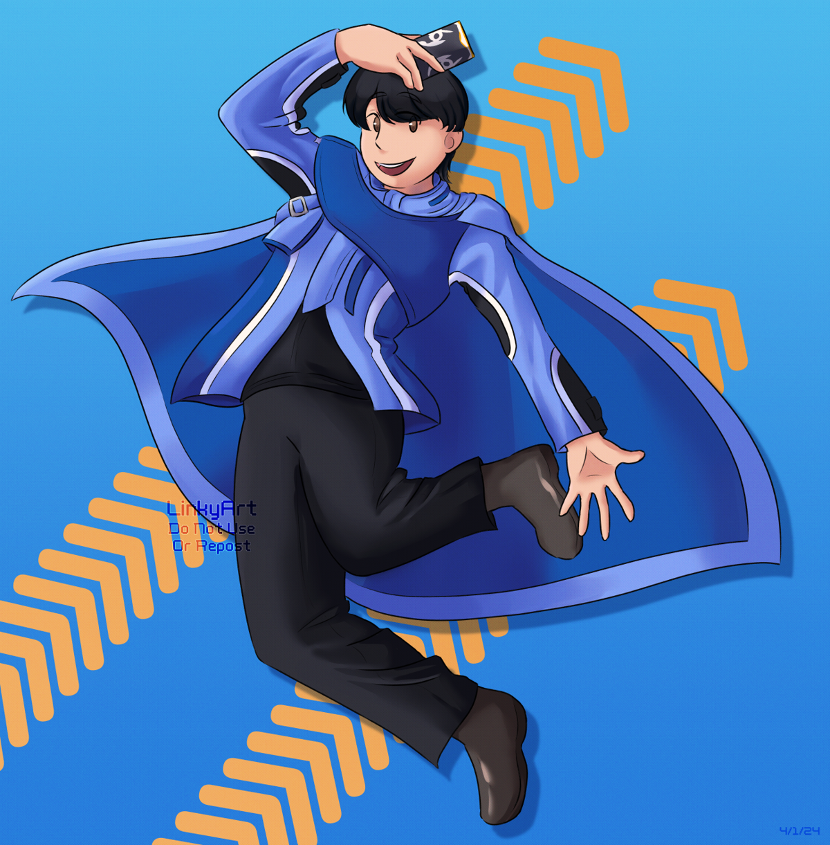 Hotaro jumping into the air with a smile on his face as he wears his alchemist academy uniform, he holds a chemy card in one hand. There is a blue background with light orange arrows behind him.