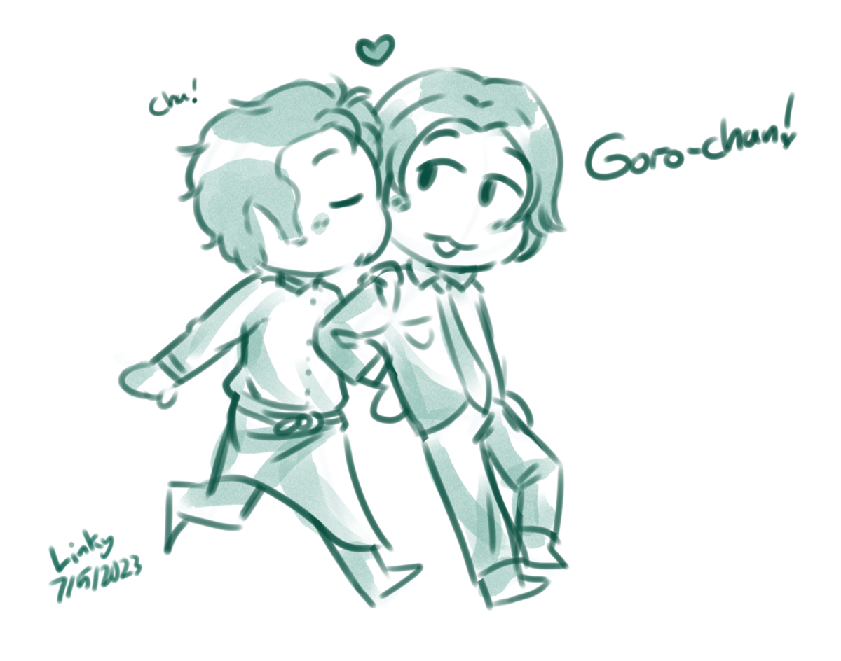 Fanart of Kitaoka and Goro from Kamen Rider Ryuki. They are drawn as chibis with a green monochromatic coloring style. Goro is coming in from the left and placing a kiss on Kitaoka's cheek, leaning in placing his hand on Kitaoka's shoulder. There is a little "chu!" over Goro. Kitaoka is looking back and leaning back into him with a affectionate expression, saying Goro-chan! There is a small heart drawn over them both.