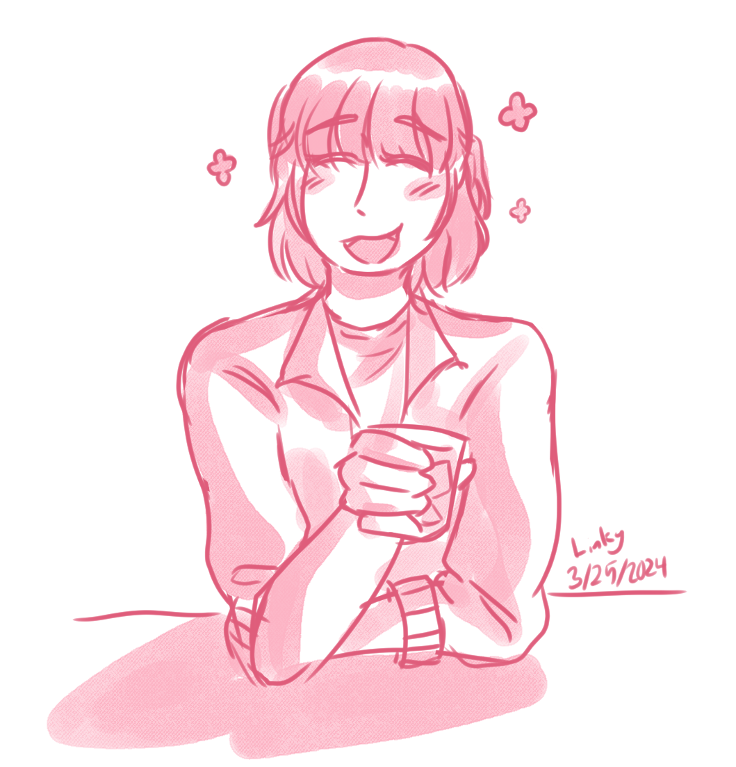 Kyoka sitting down with a glass of wiskey in hand, she has a smiling and tipsy expression.