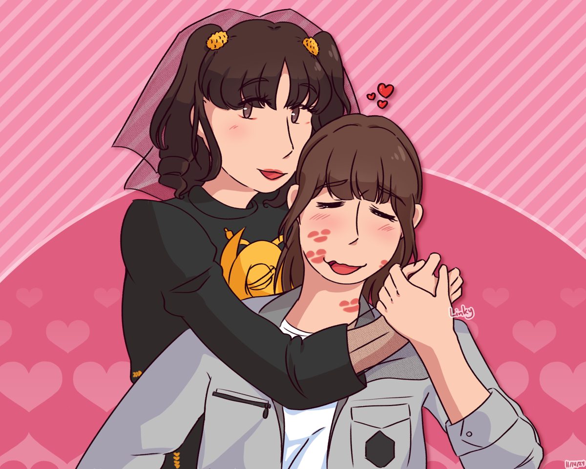 Lachesis holding Kyoka in her arms, Kyoka holds her hand, with a dazed and happy expression. Tons of lipstick kiss marks are on her face.