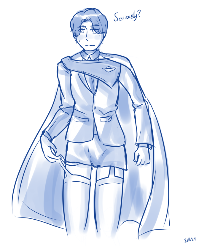 A sketch of Minato from Kamen Rider Gotchard. He is wearing most of his typical outfit with the suit and cape, but at the bottom half he is wearing shorts with garters and stockings. He streches out the garter and looks down at it, a look of confusion and embarassment with light blush on his face. He thinks: Seriously?