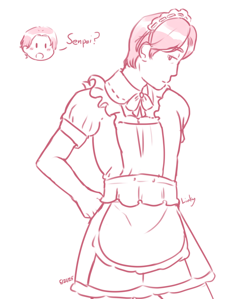Minato from Kamen Rider Gotchard, in a maid dress. There is a chibi Spanner who is asking Senpai? while blushing a little.