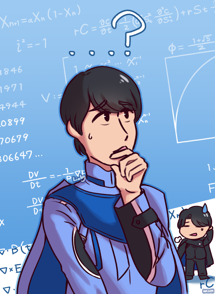 Hotaro looks up, completely confused with a hand to his chin. There's a question mark above his head as a chibi of Minato sighs with a hand scratching the back of his head. In the background there's multiple math formulas.