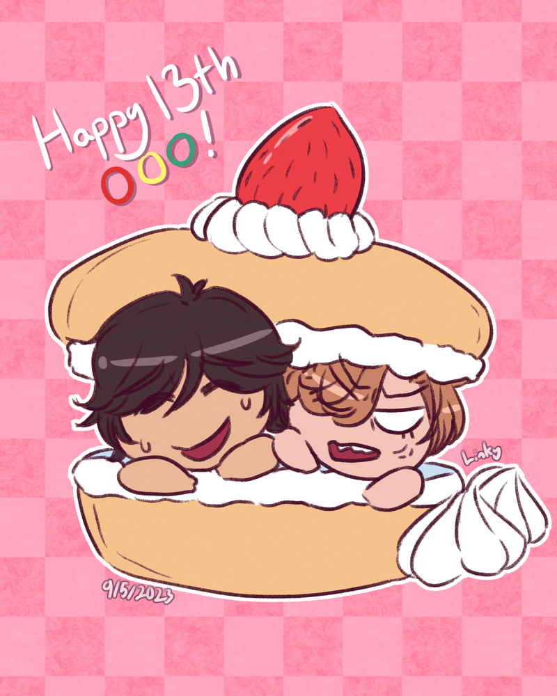 Fanart of Eiji and Ankh from Kamen Rider OOO, they are drawn as chibis. They are trapped between a cake, which has a strawberry on top as well as some whipped cream. Eiji is smiling but also a bit stressed, as show by his sweatdrops and furrowed brows. Ankh is furious, veins popping out and him showing his teeth. There is handwriting at the top left written as Happy Birthday OOO! They are over a pink checkered background.