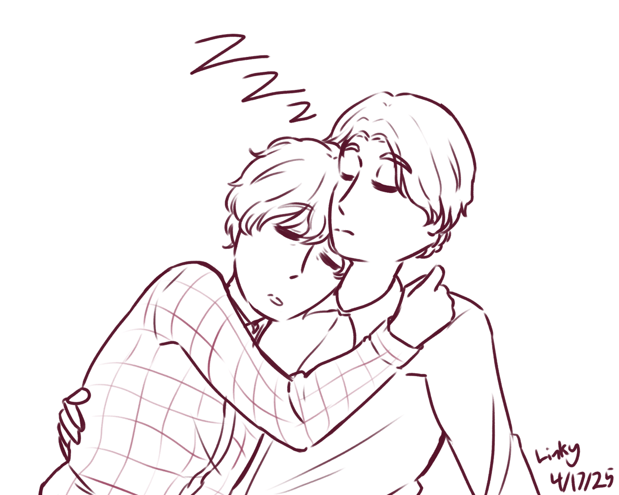 Minato resting on Spanner's shoulder with an arm wrapped around him. They are both asleep.