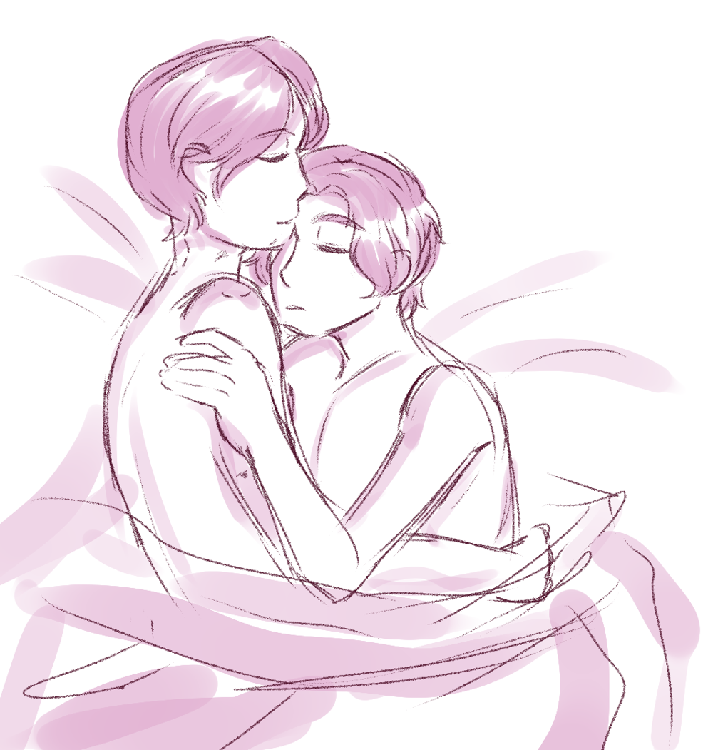 Fanart of Spanner and Minato from Kamen Rider Gotchard. The two are sleeping in a bed together, Spanner pressed up against Minato's neck and chest as Minato lays a bit higher than him. Minato is covered in bite marks.