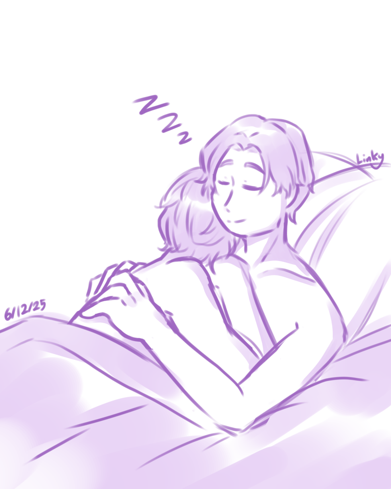 A sketch of Spanner embracing Minato who is resting atop him, they are both peacefully sleeping.