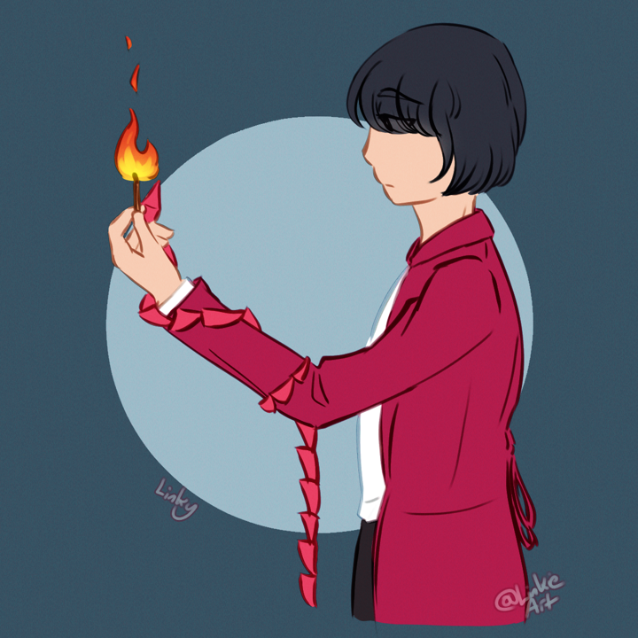 Fanart of Tezuka Miyuki from Kamen Rider Ryuki. He is facing towards the left, a burning match in his hand. The tail you see on the Raia helmet is rolled up his arm up to his hand. He has a somber expression on his face as he looks towards the flame of the match.