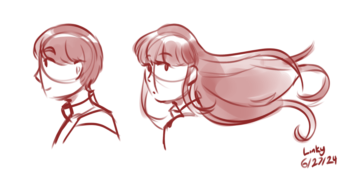 Fanart of a profile view of Hotaro, along with a bust of Rinne looking towards the viewer with her hair blowing.