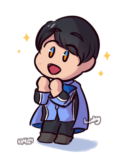 A chibi of Hotaro, he is looking up with an excited expression and his hands close to his mouth. There are sparkles around his head.