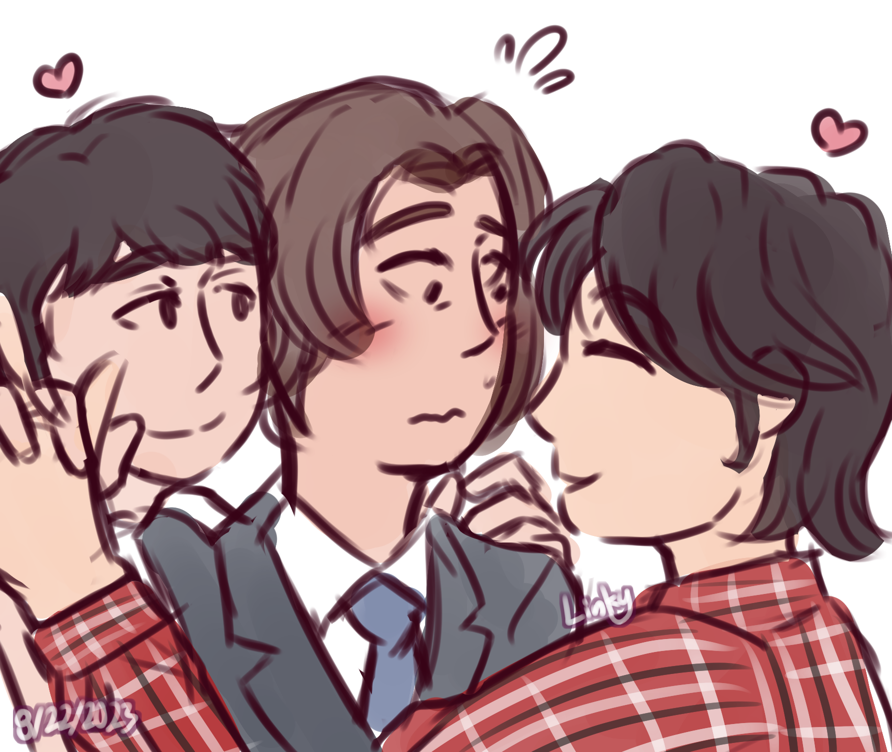 Fanart of Tsubaki, Ichijo and Godai from Kamen Rider Kuuga. The characters are seen from left to right in that same order. Ichijo is inbetween Godai and Tsubaki, flushing furiously and sweating a bit while Godai and Tsubaki hold hands. Godai in front of Ichijo, smiling and looking towards him. While Tsubaki is behind Ichijo, head peeking over his shoulder and leaning in and also smiling. Two small hearts are drawn over Godai and Tsubaki while Ichijo has little sweat drops over his head.