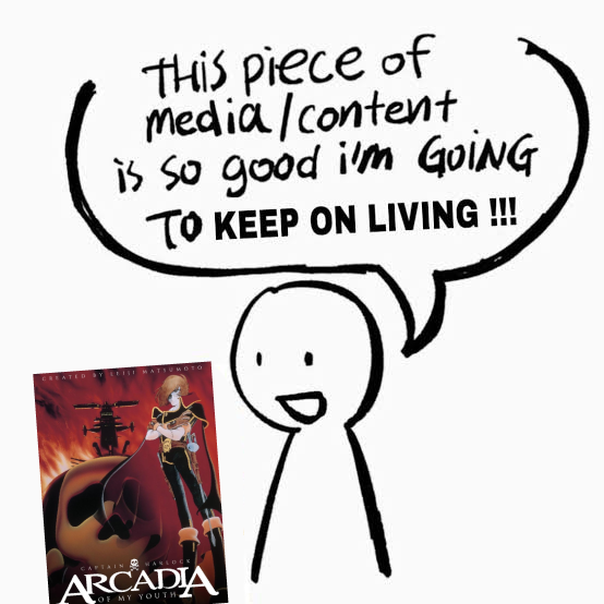 Person next to a poster of Arcadia of My Youth saying This piece of media/content is so good I'm going to keep on living!