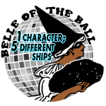 A woman with a fan over a disco ball. Text is Belle of the Ball, one character; five different ships.