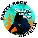 A woman DJ. Text says Party Rock Anthem. Five fills with current music.