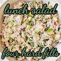 A picture of a salad with the text lunch salad, four hard fills.