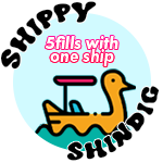 A badge that says Shippy Shindig, Five fills with one ship. There is art of a duck boat on water.