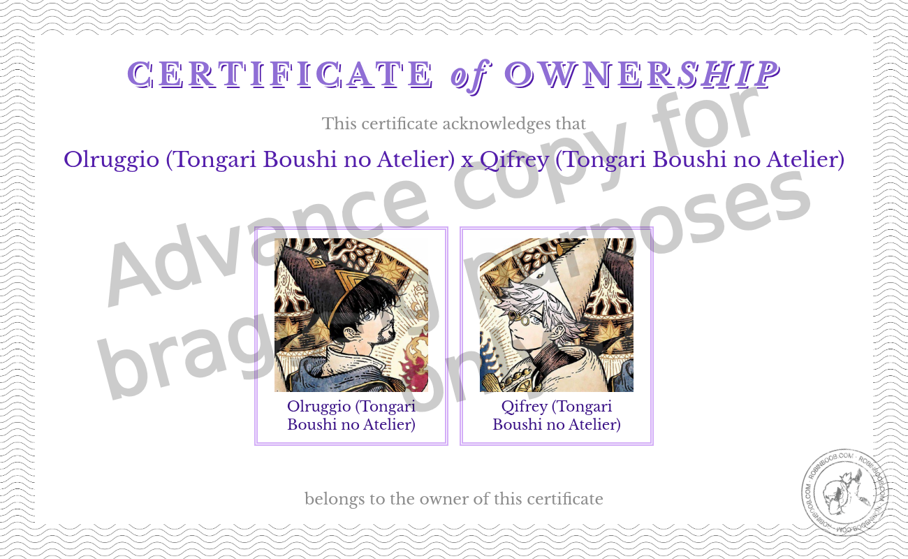 Certificate of Ownership: Olruggio and Qifrey.