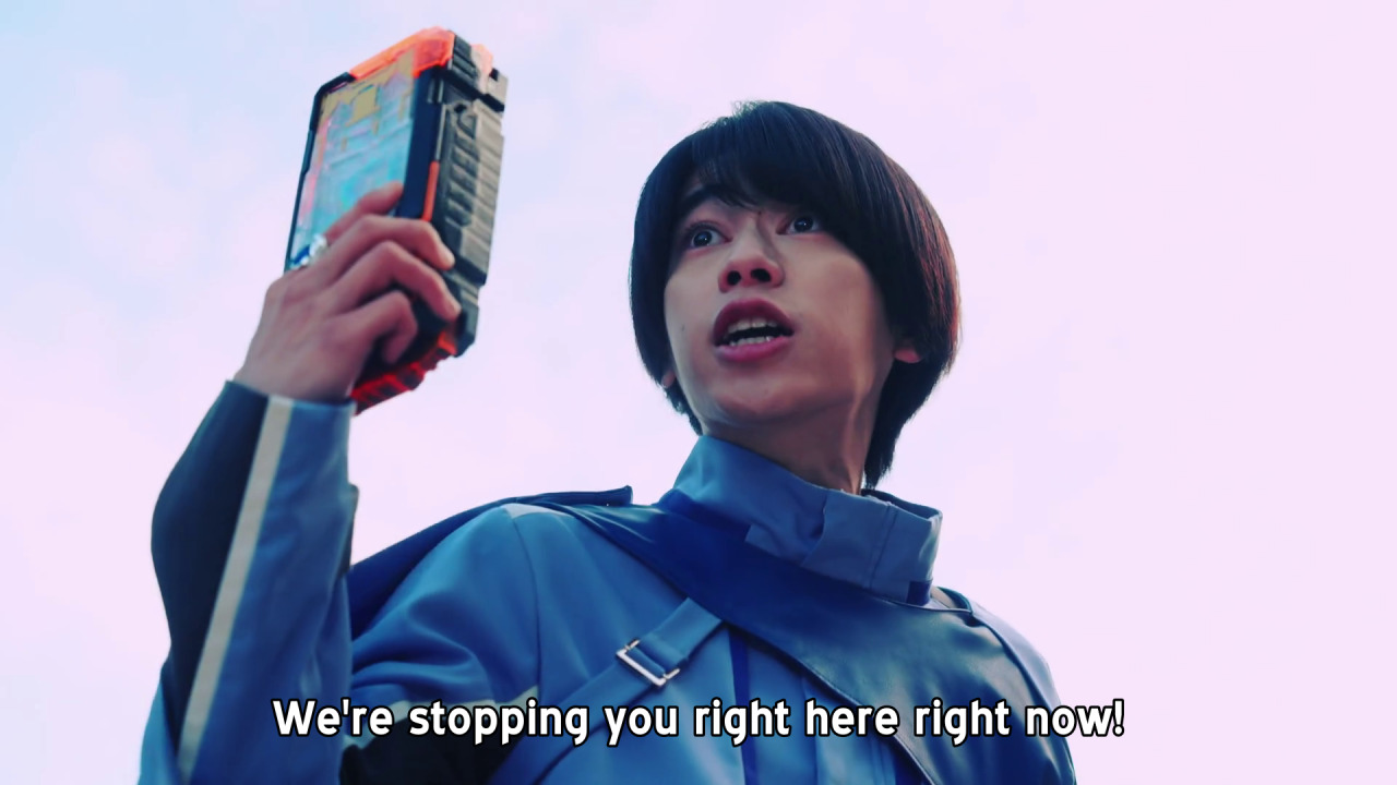 A screenshot of Hotaro saying Were stopping you right here right now!