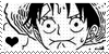 Luffy making a funny face with a heart in the bottom left corner.