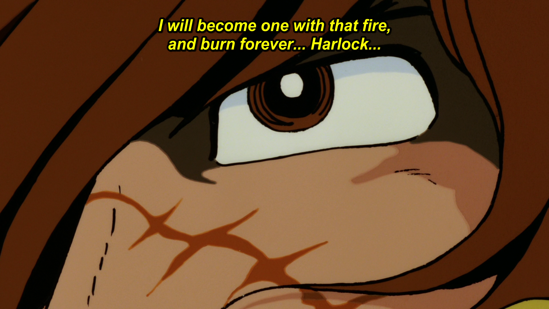 A close up on Harlock's eye as he continues to listen to her message. She says I will become one with that fire, and burn forever... Harlock...