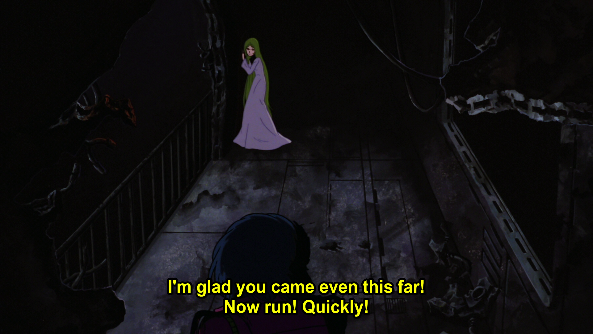 Maya across from Harlock, hiding from the illumidas and saying I'm glad you even came this far! Now run! Quickly!