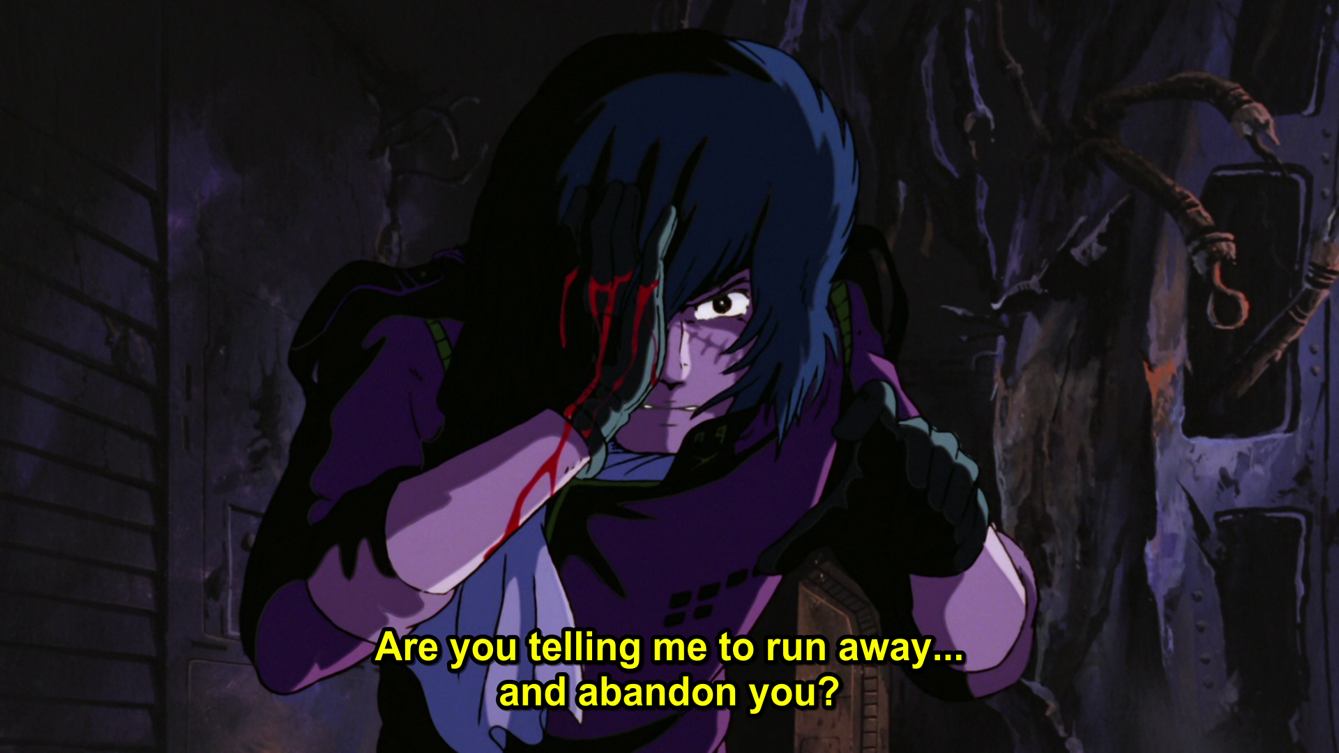 Harlock reaching towards Maya, covering his eye that was shot. Blood is dripping down like he is crying. He says Are you telling me to run away... and abandon you?