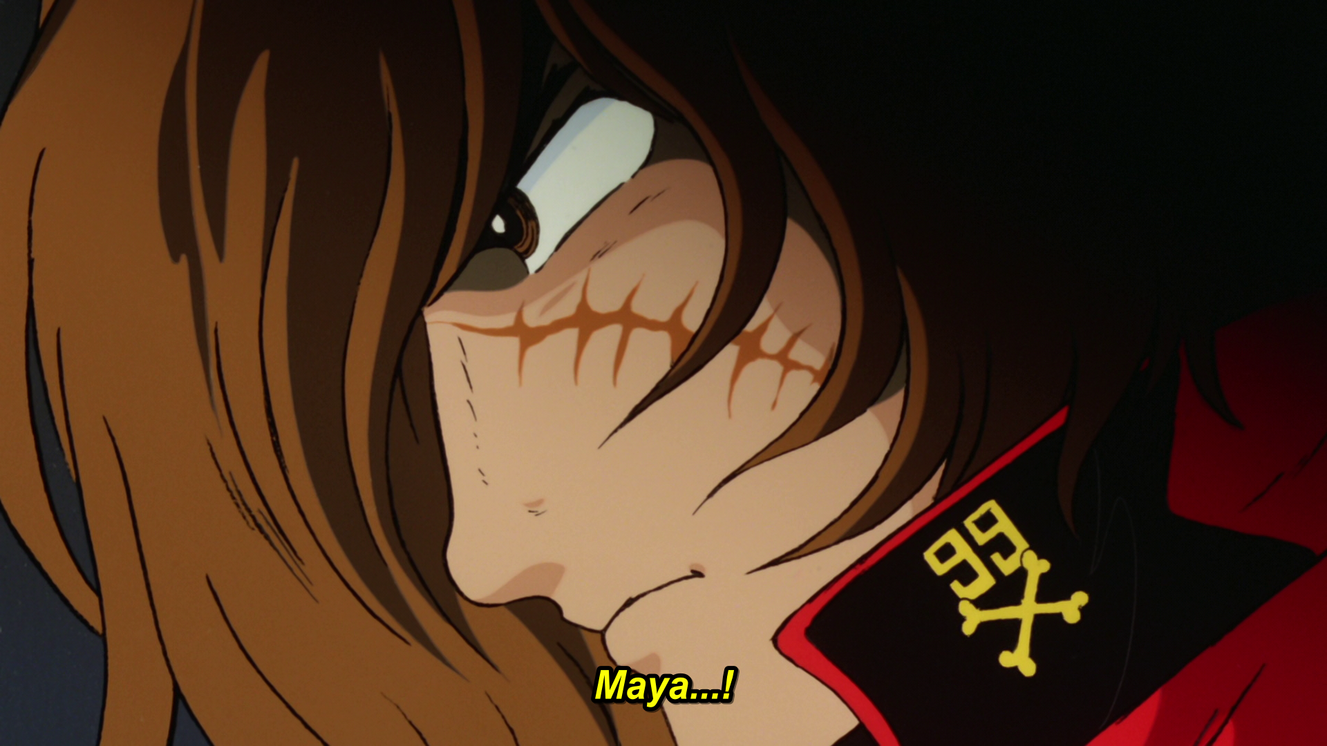 Harlock from a profile view hearing Maya on the radio, and saying Maya...!