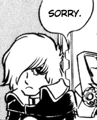 A manga panel of Captain Harlock saying sorry while looking sad.